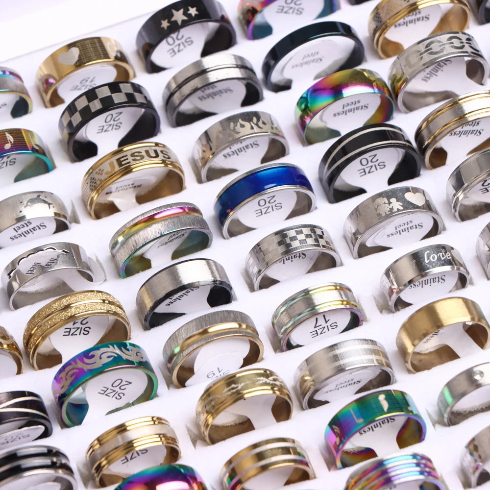 10/20/50/100Pcs/Lot Fashion Stainless Steel Stripe Heart Hollw Rings For Men Women Mix Style Simple Jewelry Party Gifts