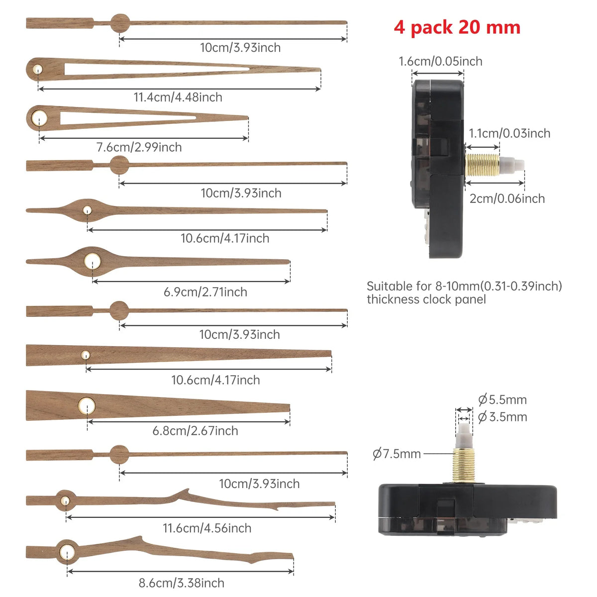 4 Pack 20/32 mm Long Shaft Quartz Silent Clock Mechanism Kit for DIY Kit / Clock Repair Replacement Part with 4 Sets Clock Hands
