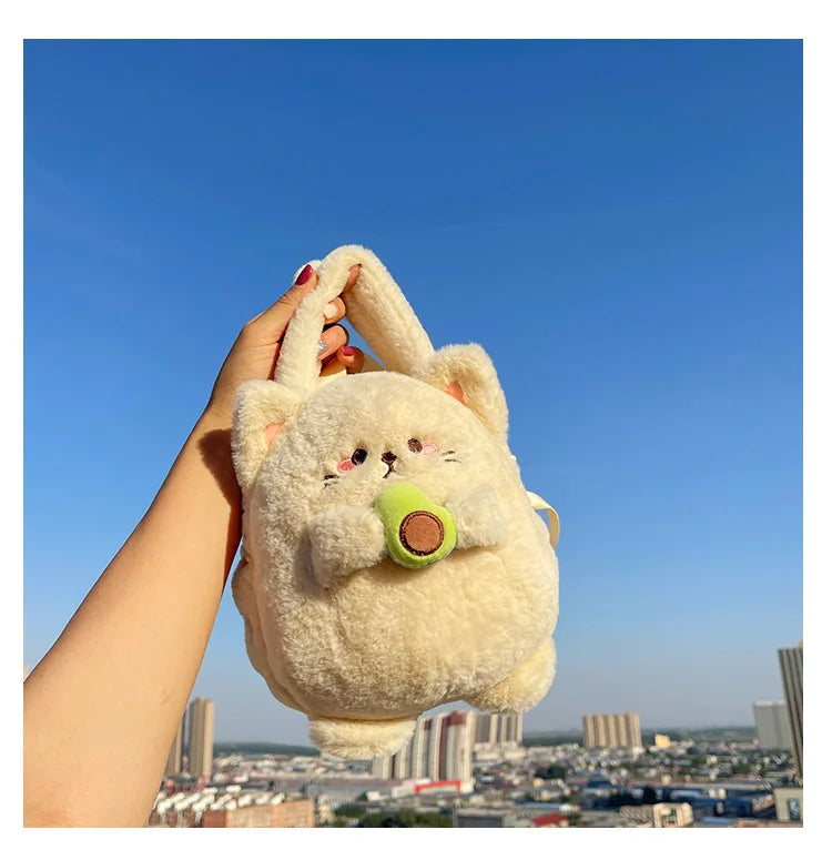 New Rabbit Kitten Plush Toy Backpack Stuffed Animal Rabbit Hold Peach Cat Hold Avocado Portable Shoulder Bag Girl Birthday Gifts
