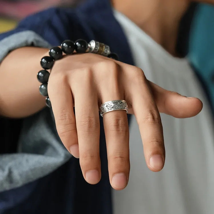 12mm Width Real S925 Sterling Silver Lucky Dragon Double Layer Rotatable Closed Dragon Ring For Man Woman Fiine Jewelry Gift