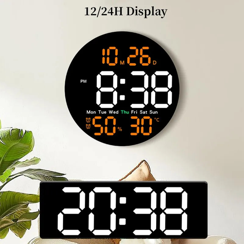 10 Inch Remote Control Digital Wall Clock Temperature Humidity Date Week Timing Countdown 2 Alarm Auto Dimmer LED Alarm Clock