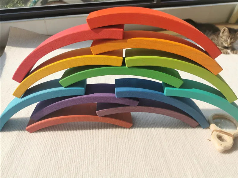 New Beech Wood Arch Stacking Blocks Rainbow Bending Wooden Building Timber Toys Set for Kids Creative Play