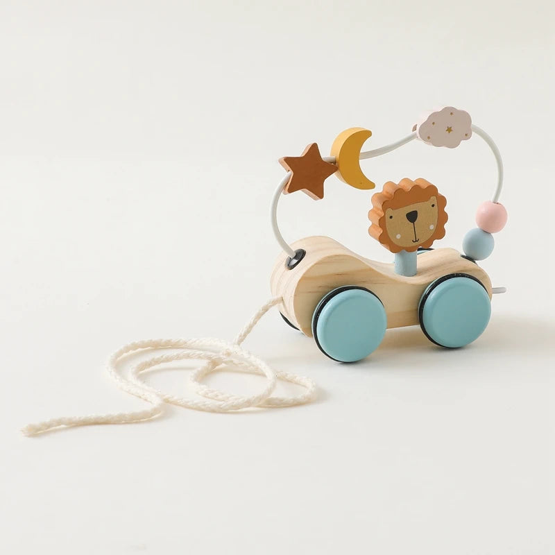 Wooden Montessori Toys Animal Block Dragging Stars Moon Surround Train  Hand Coordination Stacking Toy Handmade Decoration Gifts