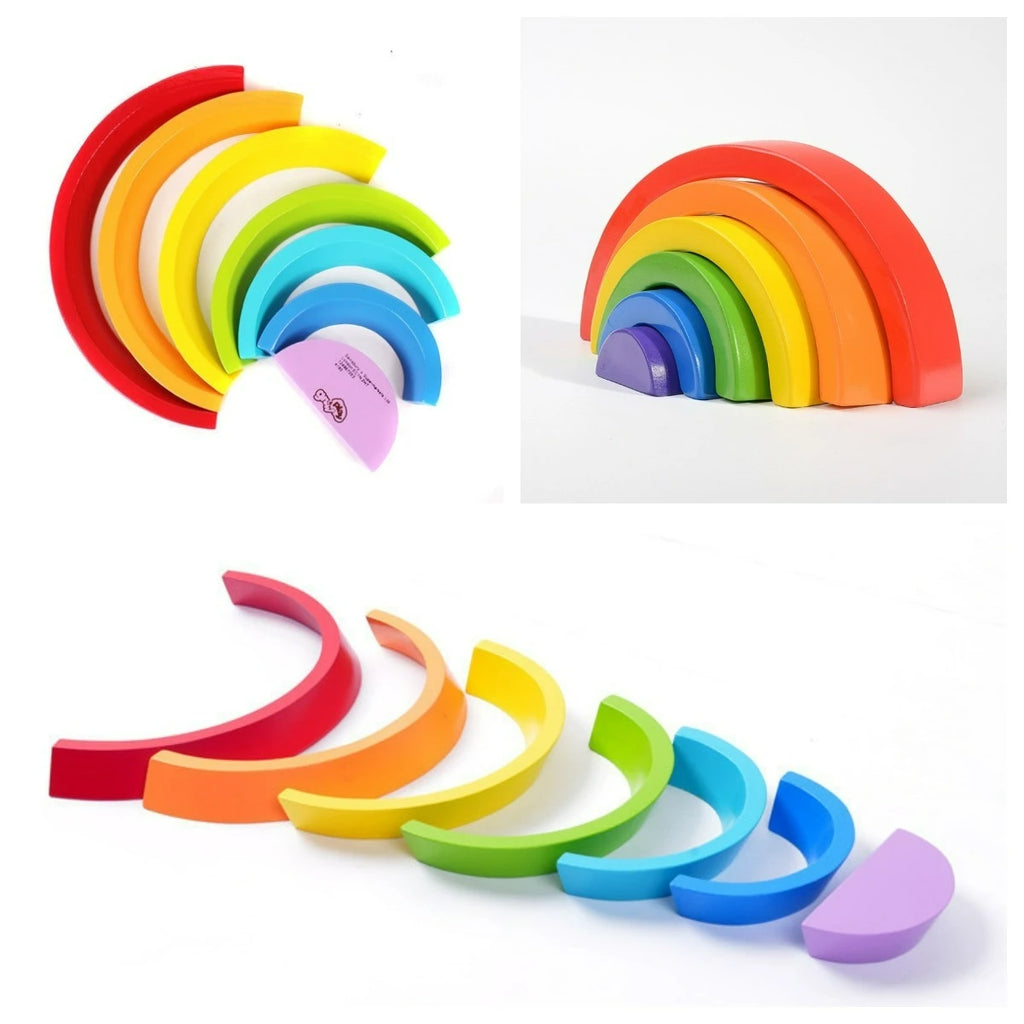 Wooden Rainbow Block Colorful Stacking Building Block Children Open-shaped Creative Building Blocks Montessori Educational Toy