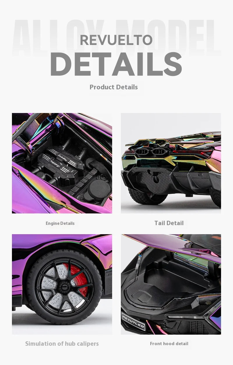 1:24 Lamborghini Revuelto Spray Plating Version With Water Spray, Fog Effect Realistic Simulation Alloy Model Boy Gift