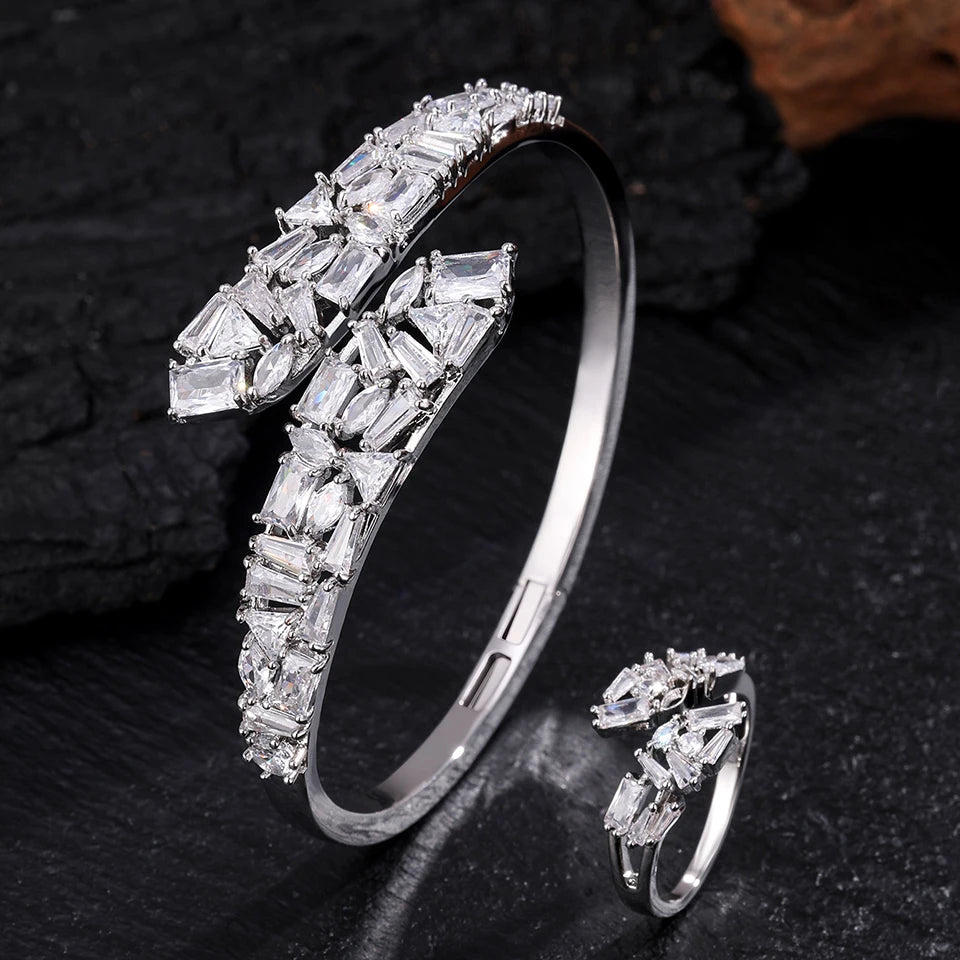 ZAKOL 9 Styles Slivery Open Bracelet Ring Jewelry Set Luxury Shiny Zircon Middle East Trendy Jewelry for Women Gift