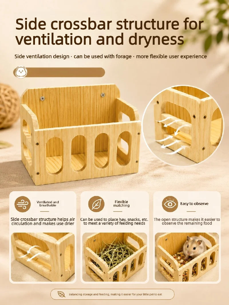 Natural Wooden Hay Feeder Rack - Hanging Guinea Pig Rabbit Feeding Grass Holder for Chinchilla Hamster Small Pet Cage Accessorie