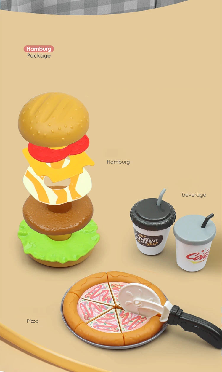 Children Food Kitchen Toys Set Girl Pretend Play House Simulation Bread Burger Pizza Cooking Game Kitchen Play Props Accessories