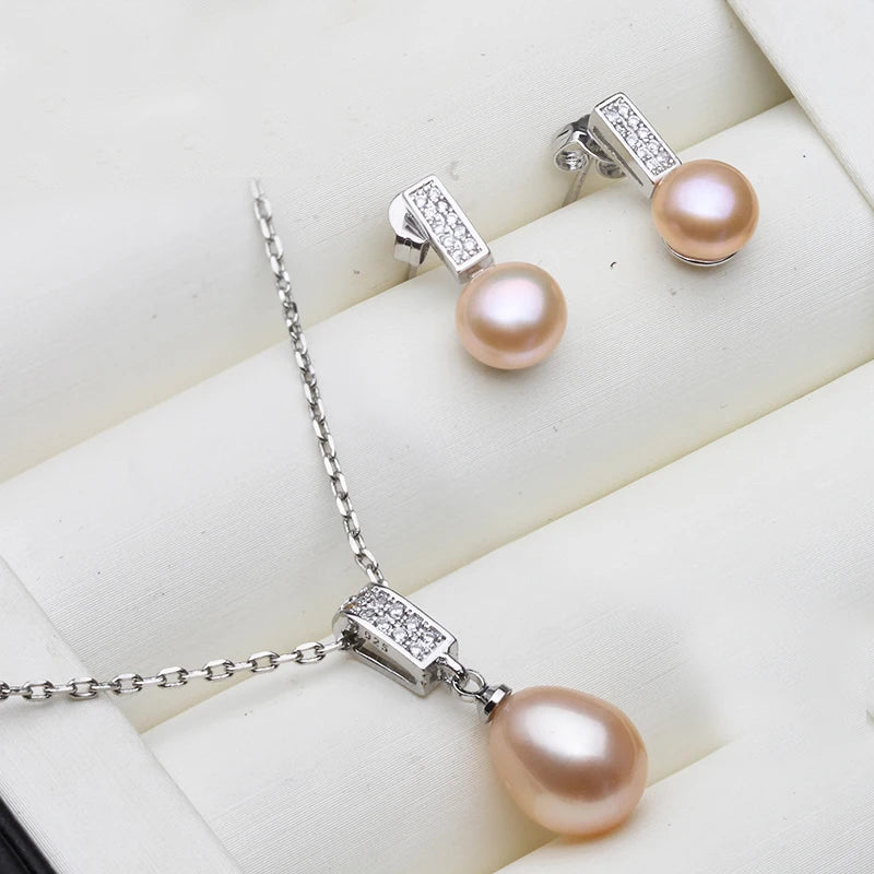 Beautiful 925 Silver Natural Freshwater Pearl Necklace and Earrings Jewelry Set For Women Wife Mother Engagement White Black