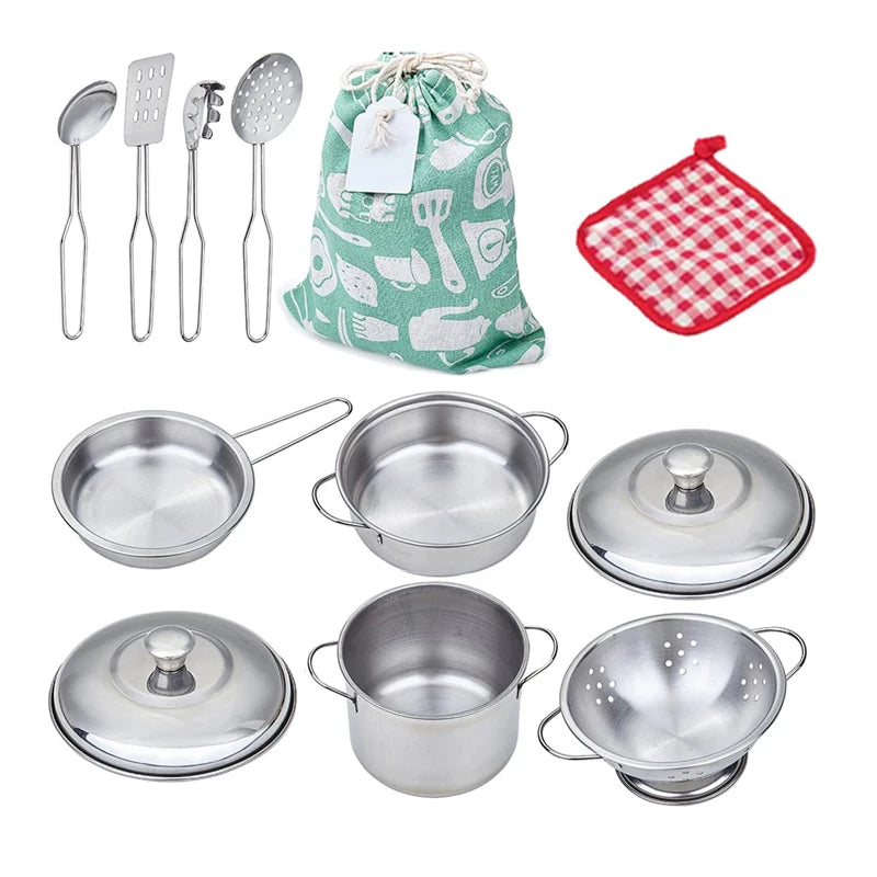 Children Metal Stainless Steel Material Pretend Play Food Kitchen Cookware Set Toy Mini Cooking Game Pot Shovel Kid Kitchen Toys