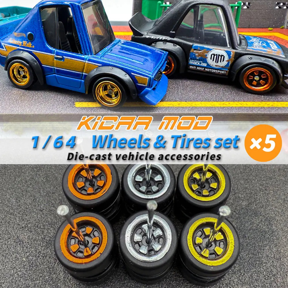 1/64 Model Q Car Wheels with Detachable Slicks Rubber Tires for Toy Model Diecast Cars Refiting Parts for MINIGT  (5 Cars)