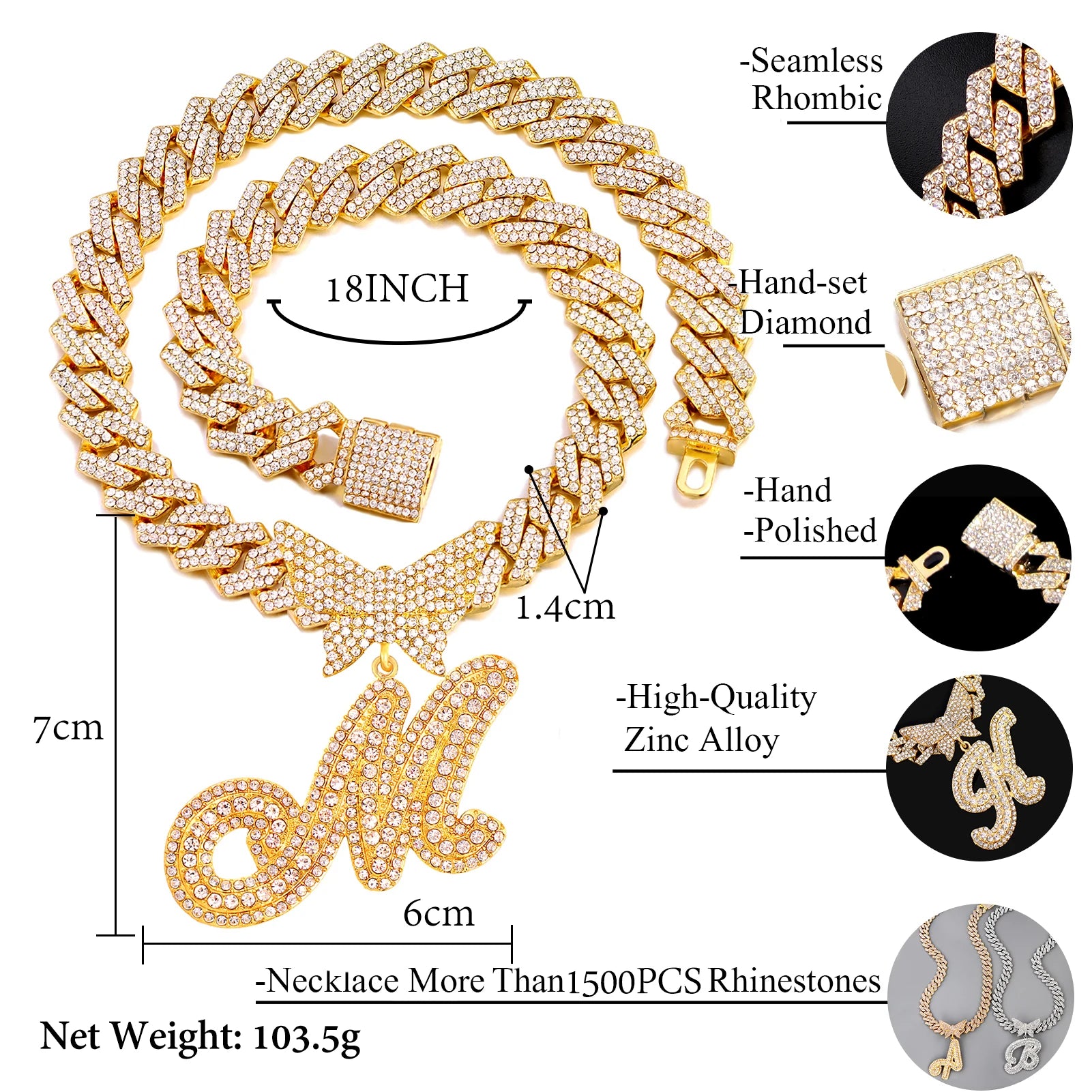 Men Women 14MM Cuban Chain Crystal Butterfly Initials Name Pendant Necklace Iced Out Cursive Letters Rapper Necklace Jewelry New