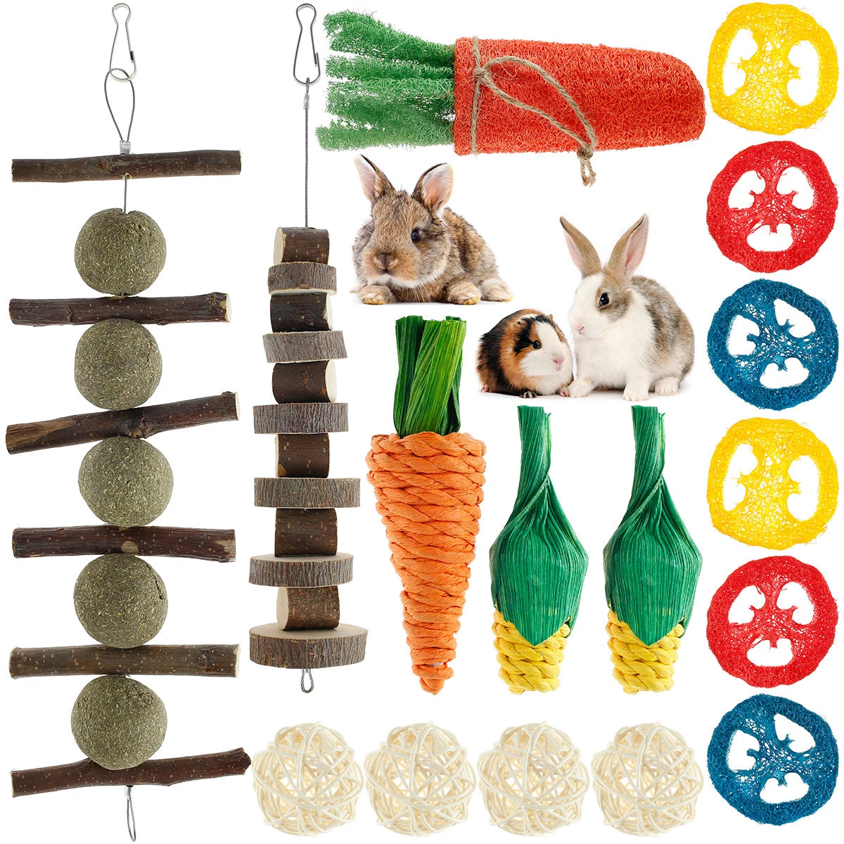 Hamster Toys Set Rabbit Mouse Natural Small Animal Wood Guinea Pig Toys Teeth Cleaning Molar Grinding Caring Chewing Toy