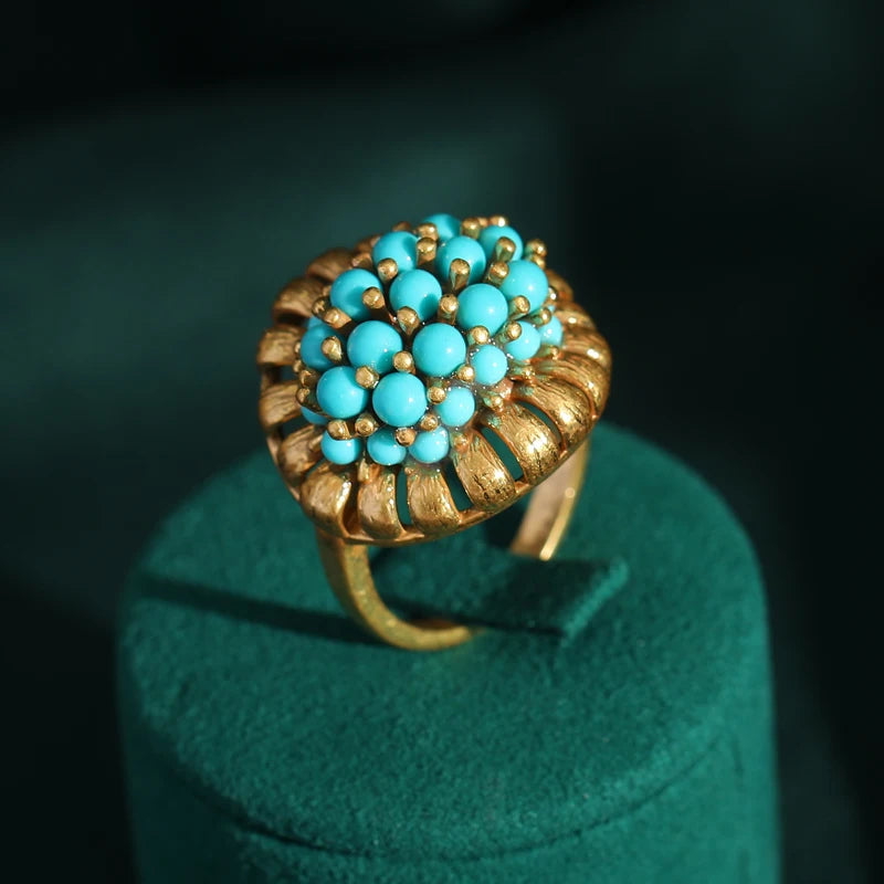 Vintage Wedding Rings for Women Round Blue Natural Oval Green Crystal Horse Eye Shape Glass Retro Pattern Gold Color Jewelry