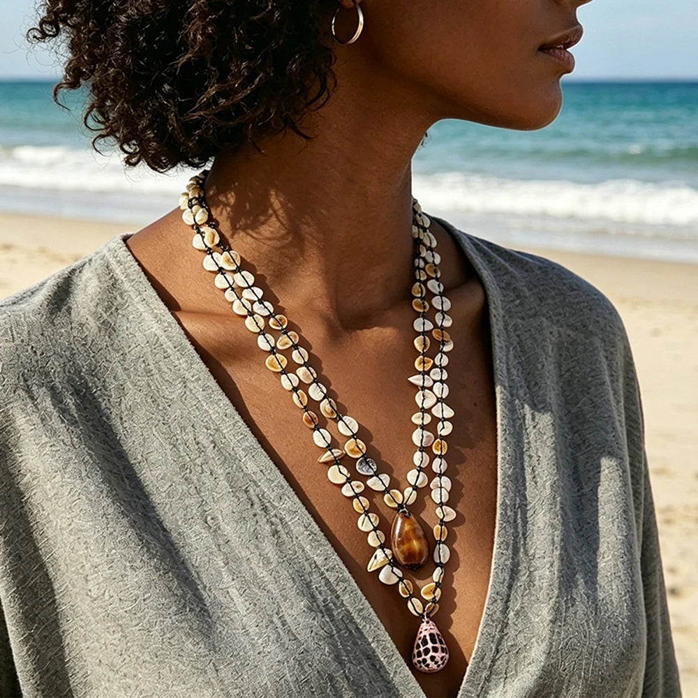 Bohemian Handmade Shell Conch Pendant Necklace for Women Double-layer Long Necklaces Statement Jewelry for Beach Summer 2026