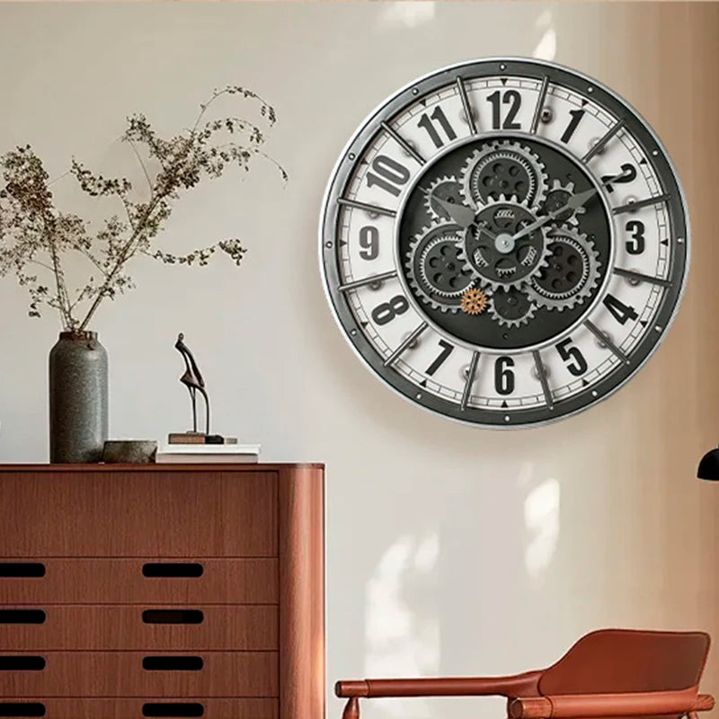 Retro Industrial Roman Wall Clock Gear Rotation Clock Living Room Decorative Wall Clock Stylish Silent Wall Clock Quartz Clock
