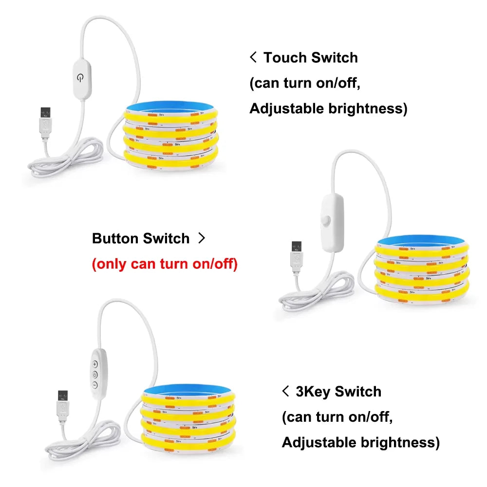 5V COB LED Strip Light 320LEDs/M Touch Sensor Dimmable USB Flexible LED Ribbon Adhesive Tape DIY Mirror TV Backlight Night Light