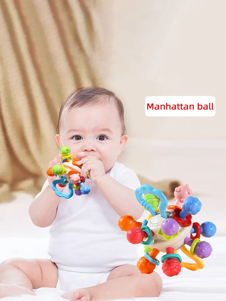 Baby Manhattan Ball Toy Montessori Teether Rattle for 0-18 Months Newborn Soothing Toy Easter Ramadan Gift for Boys Girls