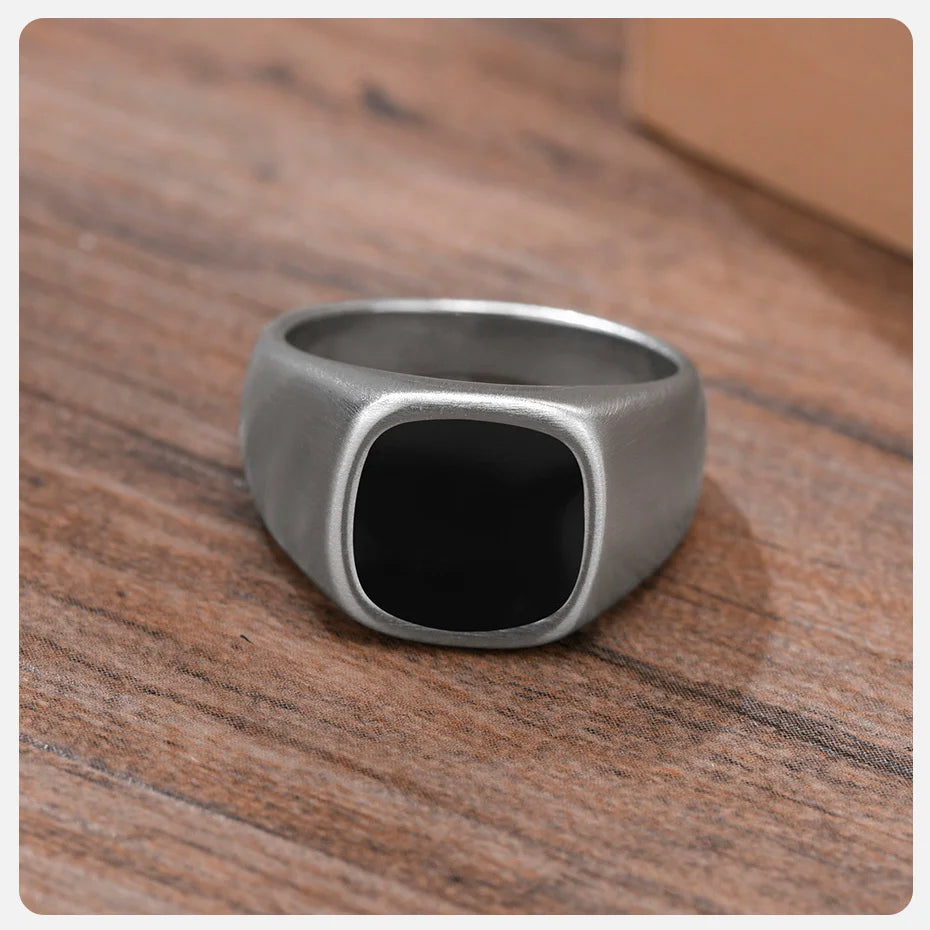 Vnox 12.5mm Signet Ring for Men, Black Square Top Stainless Steel Finger Band, Gothic Punk Rock Boy Stamp Rings