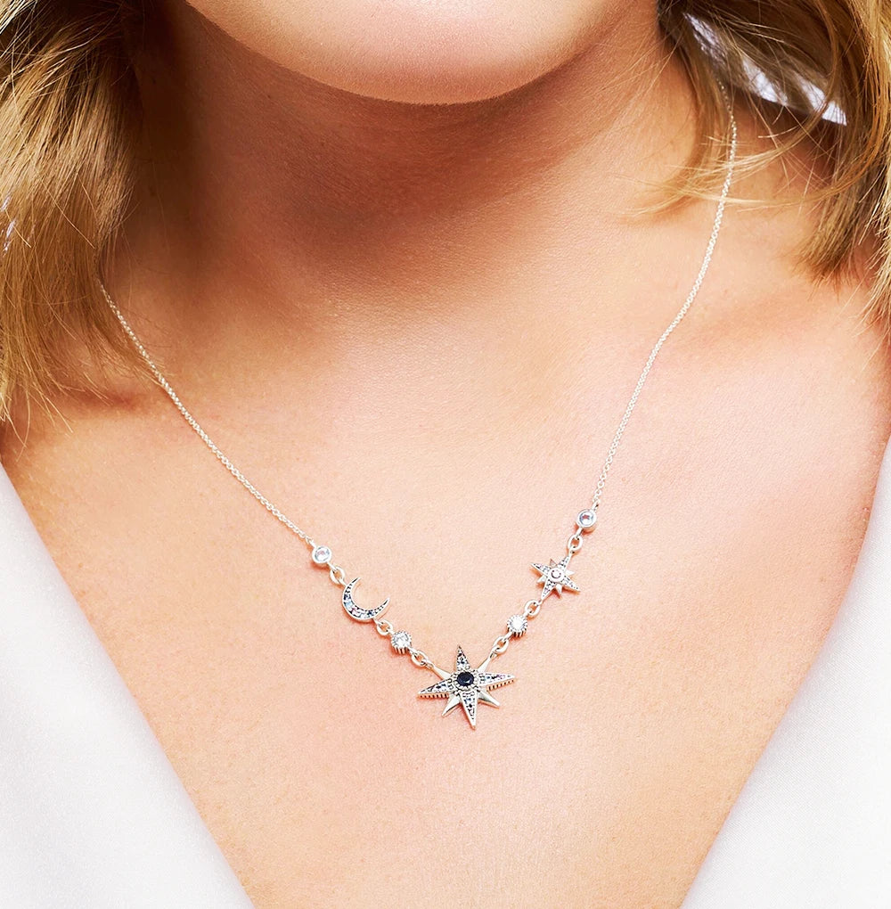 Royalty Star & Moon Necklace 2023 Spring New Link Chain Fine Jewelry Europe 925 Stering Silver Bijoux Trendy Gift For Women