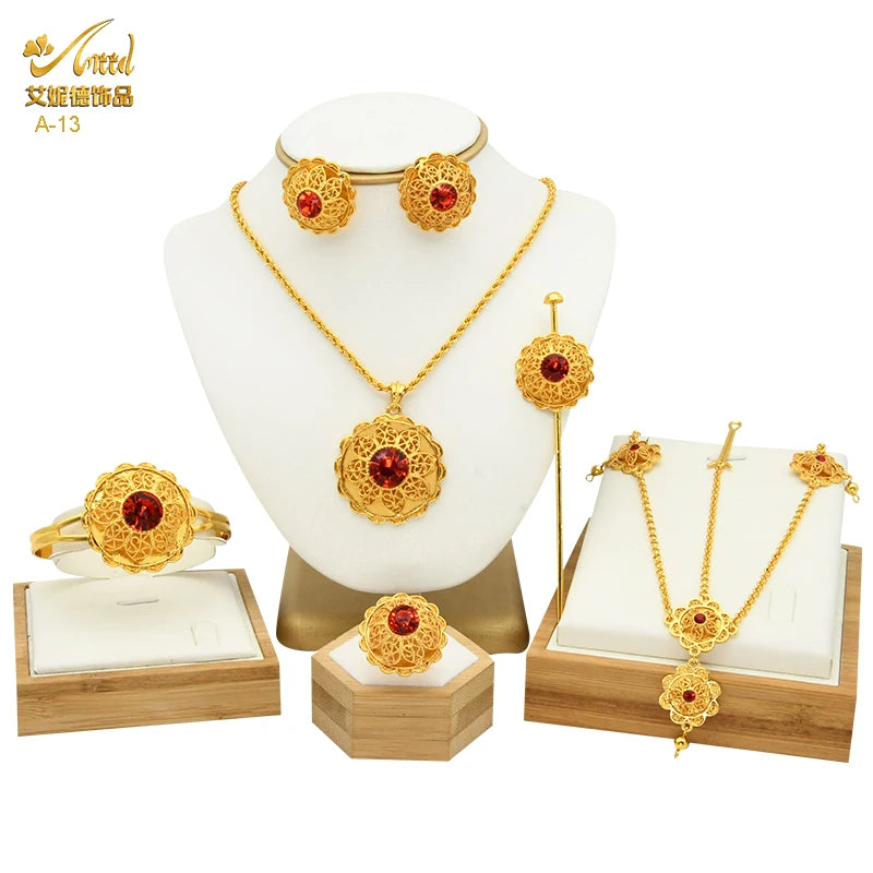 ANIID Ethiopian Gold Color 6pcs Jewelry Sets For Women Dubai Flower Shape Nigerian Luxury Necklace Jewellery Set Wedding Gifts