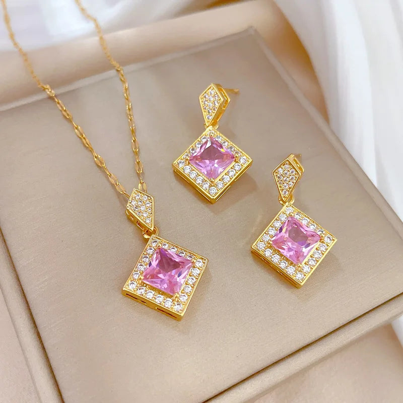 Stainless Steel Austrian Crystal Enamel Square Pendant Jewelry Sets Women African Costume Jewelry Maxi Necklace Earring Set