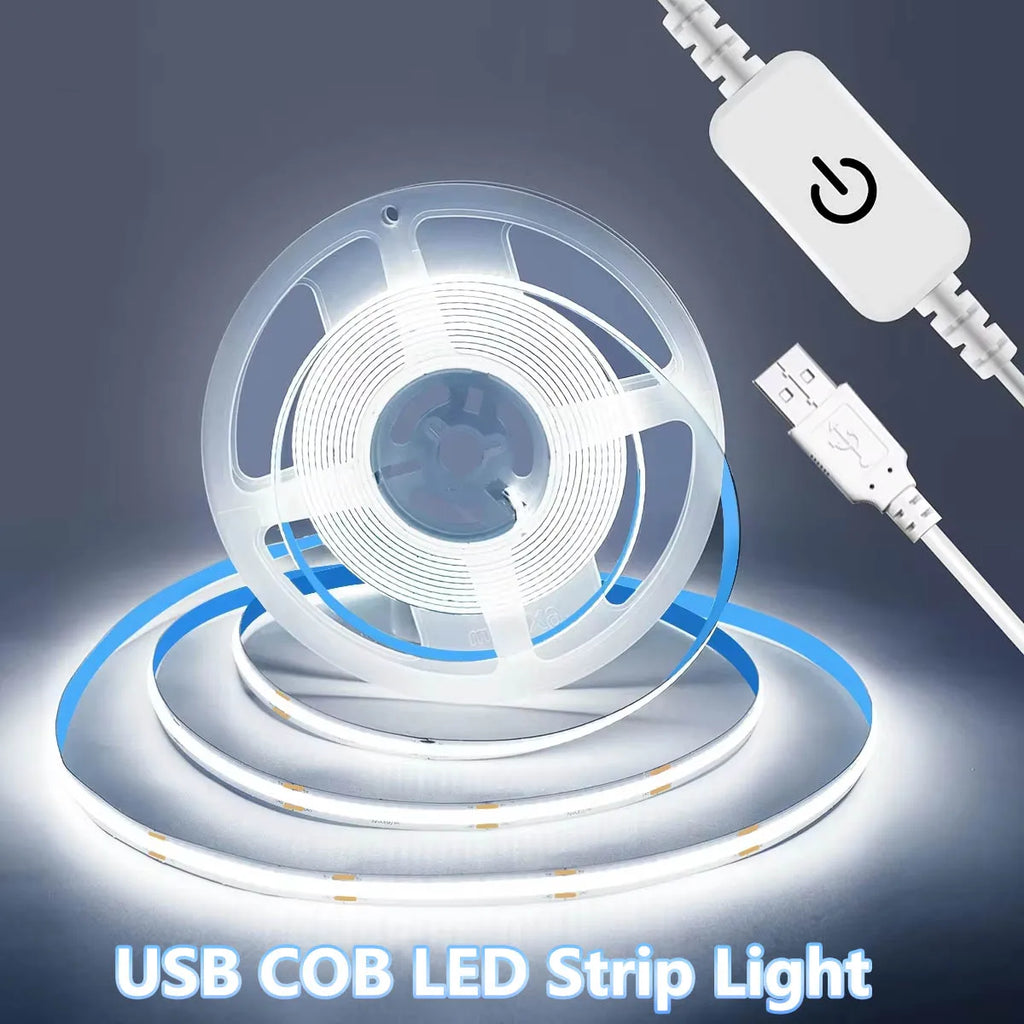 LED COB Light Strip Touch Dimmer Flexible Diode Tape 5V USB Linear Indoor Lighting Lamp Room DIY TV Mirror Backlight Wall Decor