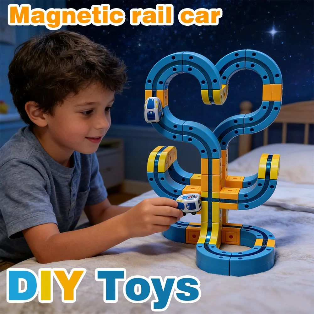 DIY Magnetic Rail Car Set for Kids - Educational Building Blocks Toy with Flexible Track Assembly Race Car Playset