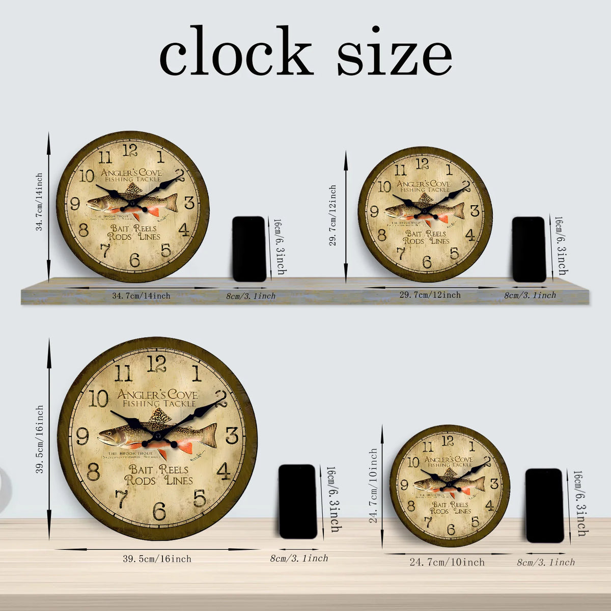 Vintage Trout Fishing Tackle Pattern Wooden Wall Clock Living Room Bedroom Kitchen Home Decor Silent Quartz Clock Holiday Gift 10-Inch 12-Inch 14inch 16inch (No Battery)