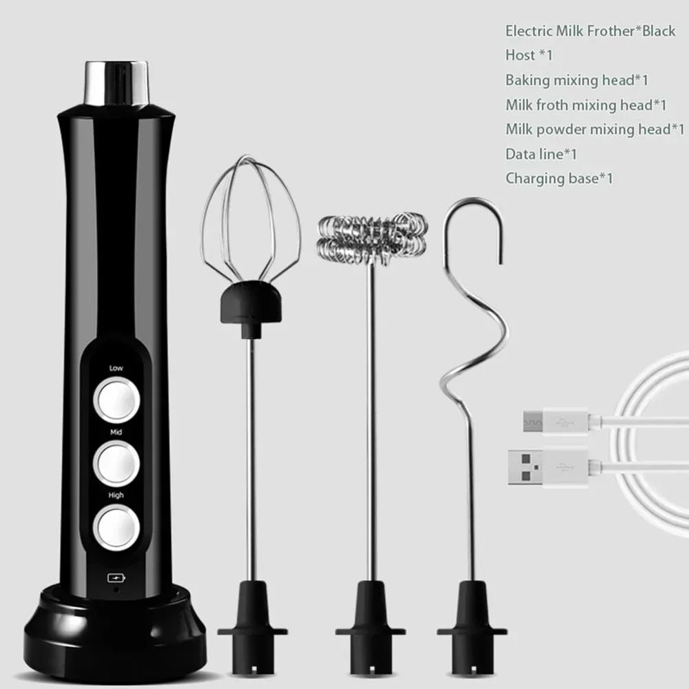 USB Rechargeable Milk Frother Mini Handheld Electric Foam Maker with 3 Speed Whisks for Latte Coffee Cappuccino