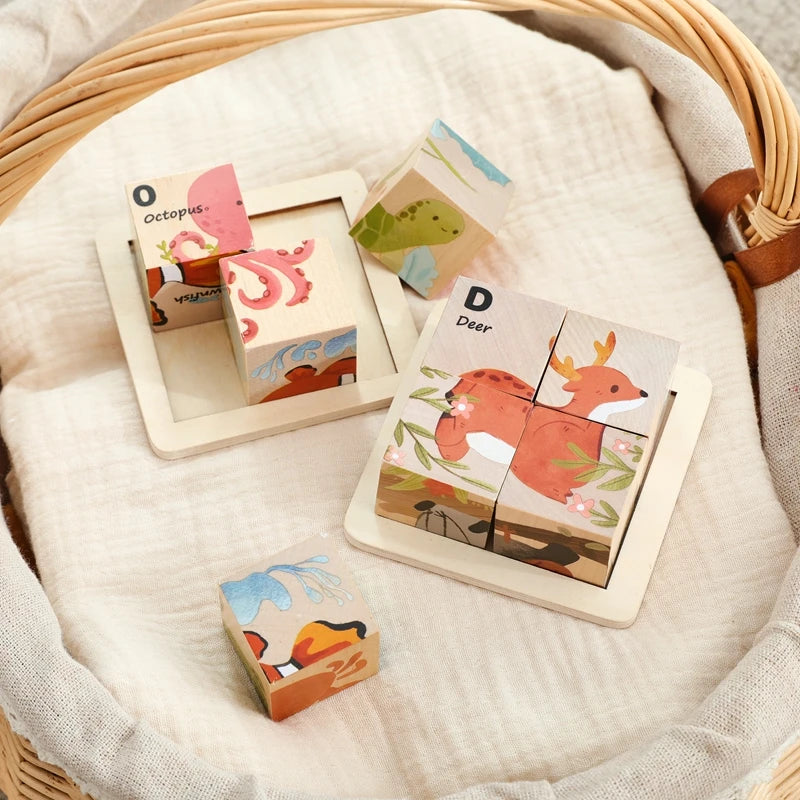 Baby Wooden Blocks Toy Children Six Side Cube Jigsaw Puzzles Game Animal Traffic Cognize Early Learning Educational Toy Kid Gift