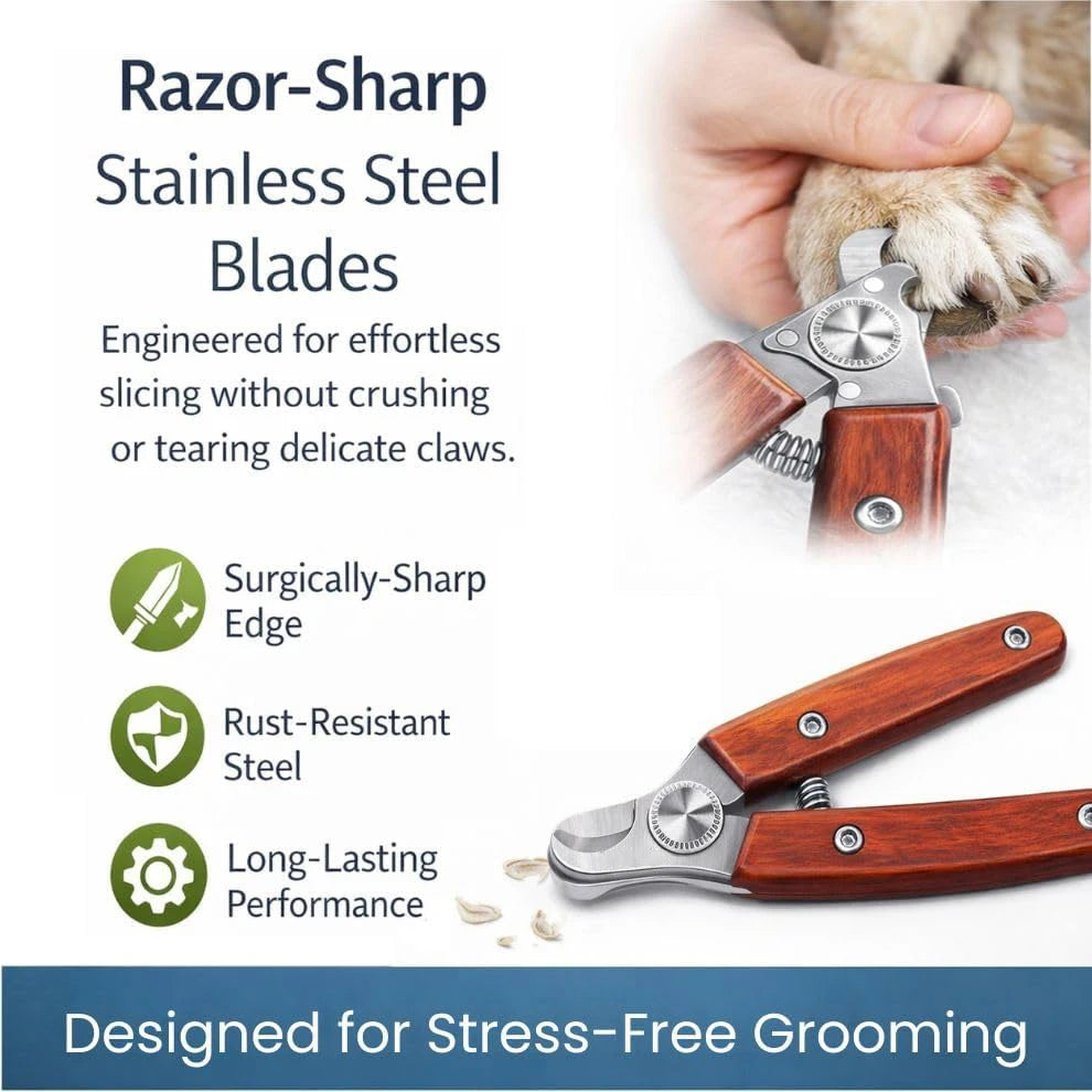 Wood Handle Pet Nail Clippers for Dogs & Cats Razor Sharp Stainless Steel Blades Ergonomic Wooden Grip Trimmer with Safety Stop