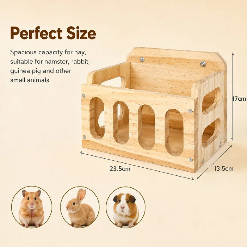 Natural Wooden Hay Feeder Rack - Hanging Guinea Pig Rabbit Feeding Grass Holder for Chinchilla Hamster Small Pet Cage Accessorie