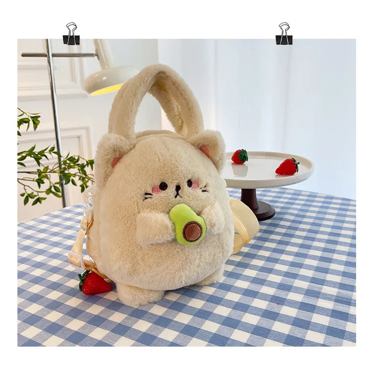 New Rabbit Kitten Plush Toy Backpack Stuffed Animal Rabbit Hold Peach Cat Hold Avocado Portable Shoulder Bag Girl Birthday Gifts