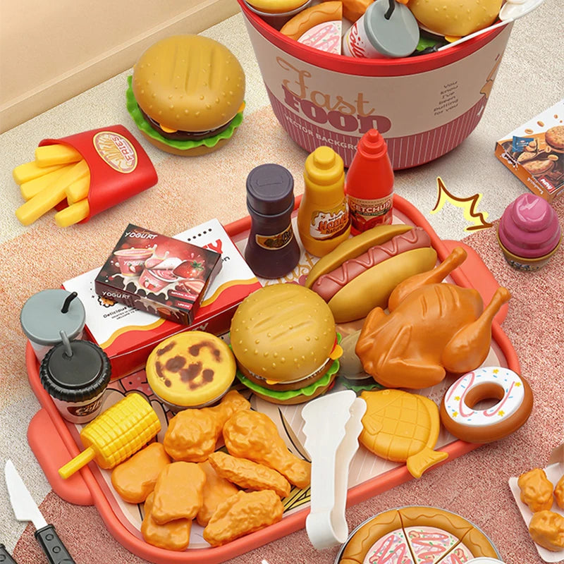 Children Food Kitchen Toys Set Girl Pretend Play House Simulation Bread Burger Pizza Cooking Game Kitchen Play Props Accessories