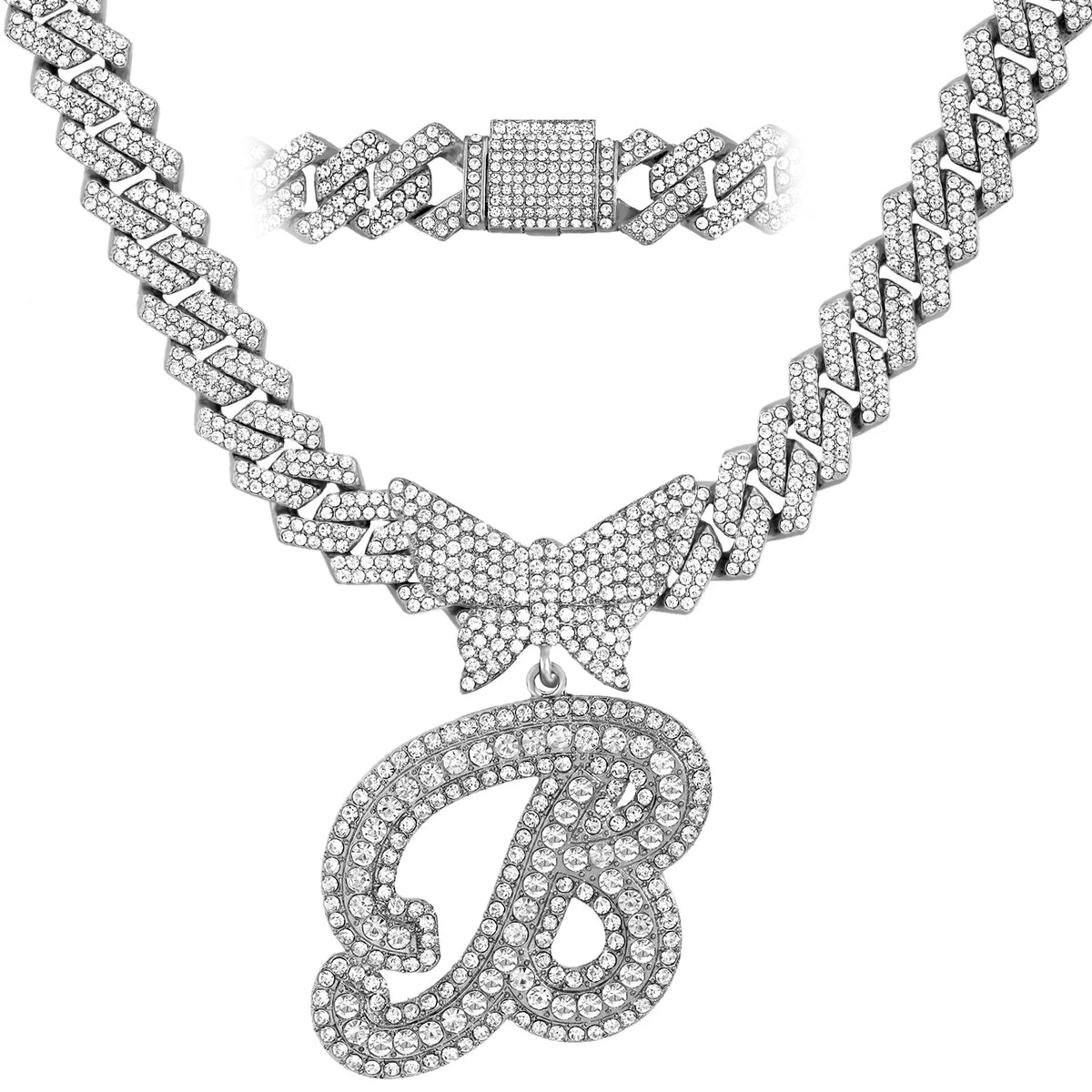 Men Women 14MM Cuban Chain Crystal Butterfly Initials Name Pendant Necklace Iced Out Cursive Letters Rapper Necklace Jewelry New