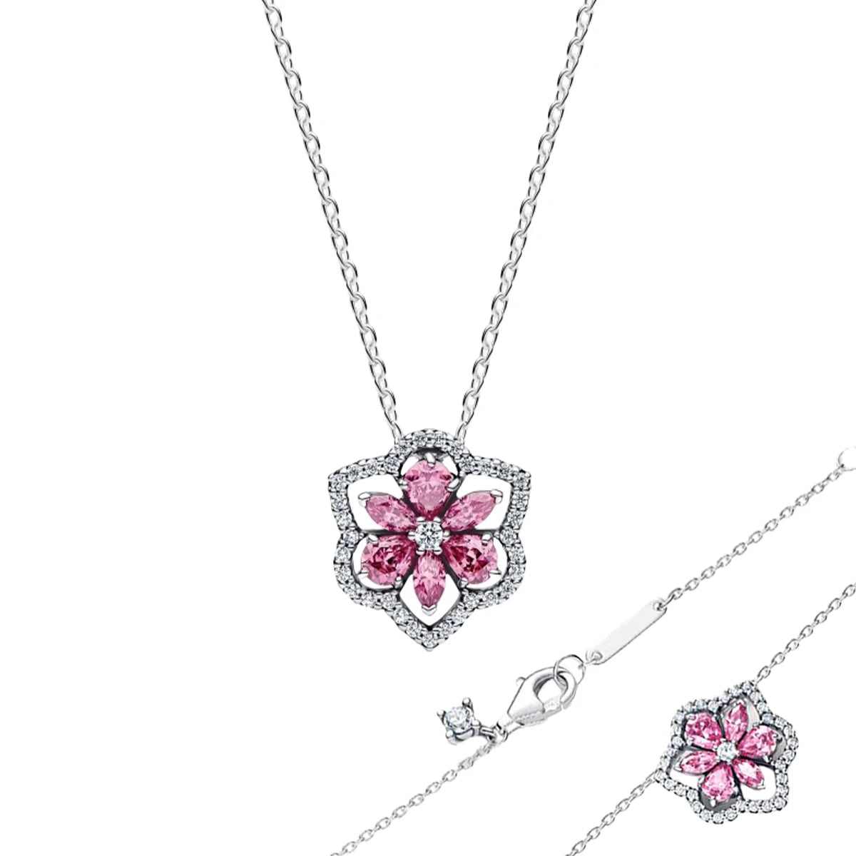 Hot Sales 925 Sterling Silver Pink Flower heart Ear Stud Ring Pendant Bead fit DIY Women's Bracelets Necklaces Jewelry Gifts