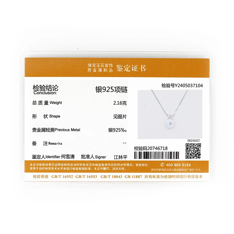 Classic 0.5CT-5CT D Moissanite Pendant Necklace Adjustable Chain 925 Silver for Women with Certificate 2CT 3CT 4CT Lab Diamond