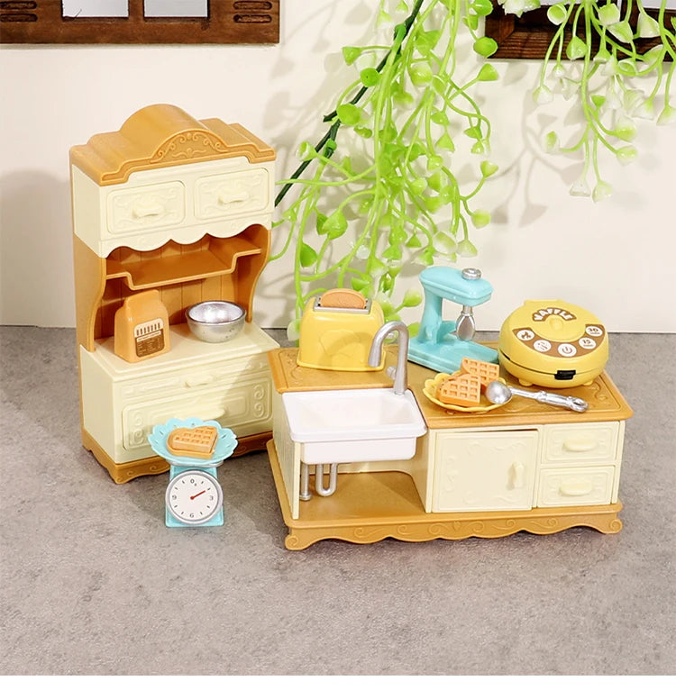 DIY Forest Family 1/12 Kitchen Furniture Bathroom Bedroom Bakeware Sets Miniature Model Dollhouse Accessories Refrigerator Gift