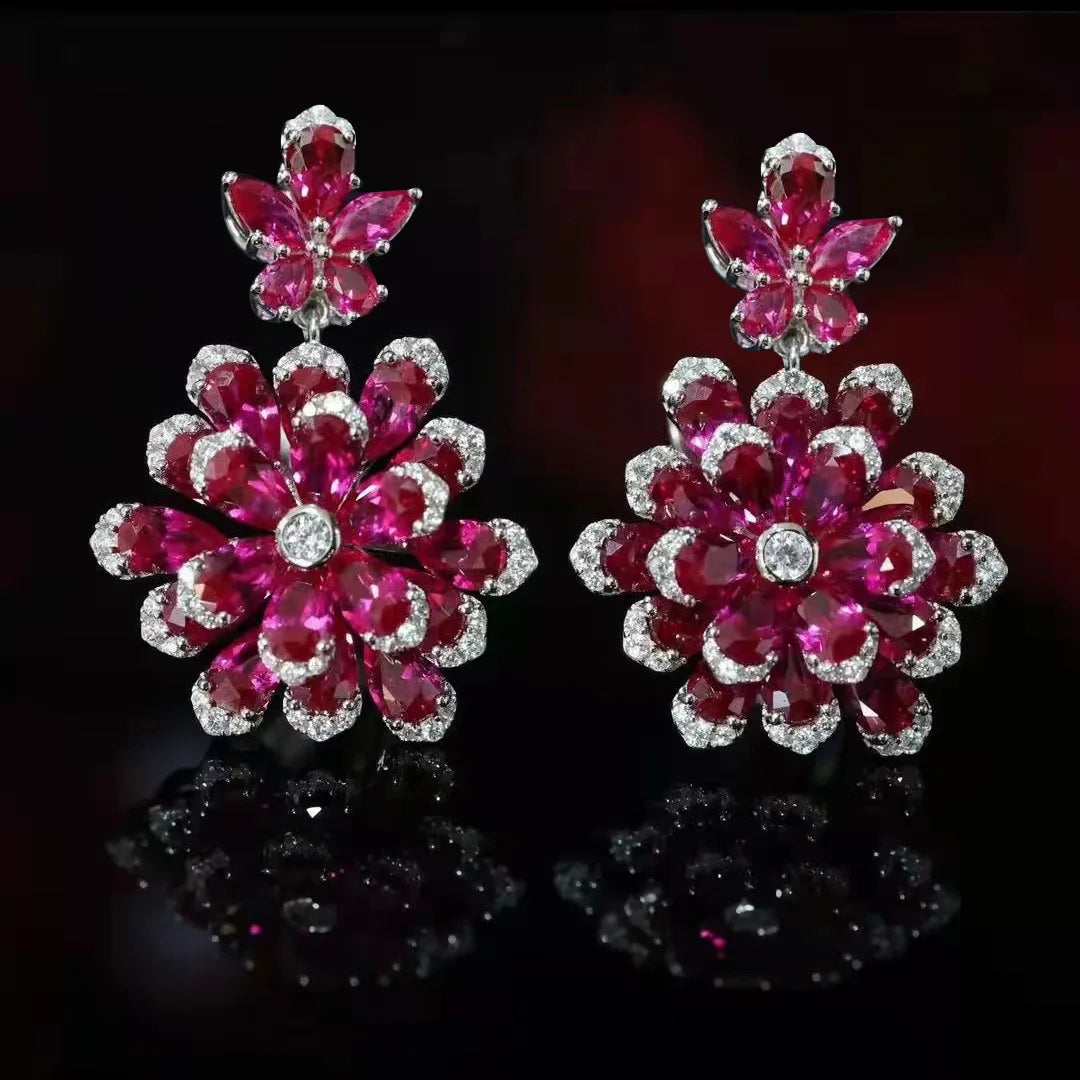 Foydjew New Flower-shaped Jewelry Sets Necklaces Luxury Royal Blue Pendant Earrings Simulated Emerald Color Treasure Rings