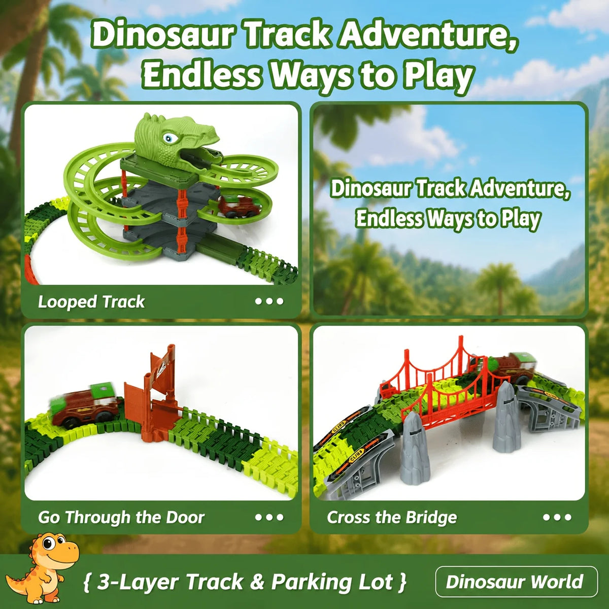 3-Layer Dinosaur Race Track Set with Cars, DIY Flexible Educational Construction Toy Gift for Kids Boys Birthday Christmas