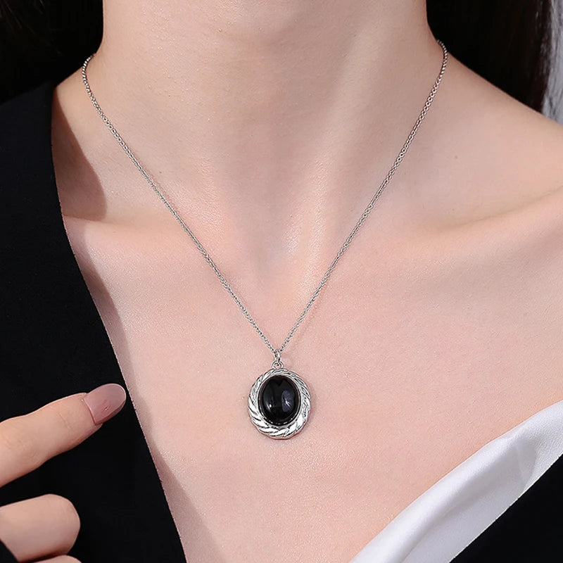 PANJBJ 925 Sterling Silver Onyx Necklace for Women Girl Concise Individuality Fashion Jewelry Birthday Gift Dropshipping