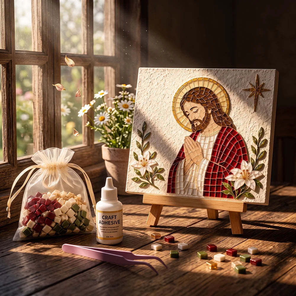 Religious Christmas Mosaic DIY Craft Kit, Glass Mosaic Tile Art Set with Easel, Glue & Tweezers, Kids Adult Handmade Decor Gift