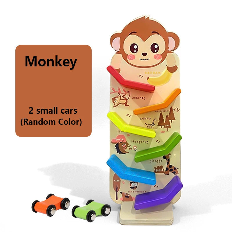 Wooden Animal Glider Car Early Education Focus Training Multi-layer Track Rolling Vehicle Parent-Child Interaction Toy for Kids