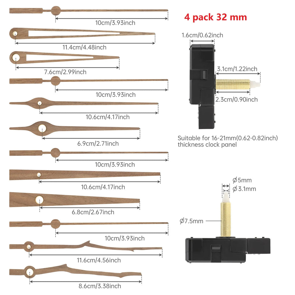 4 Pack 20/32 mm Long Shaft Quartz Silent Clock Mechanism Kit for DIY Kit / Clock Repair Replacement Part with 4 Sets Clock Hands