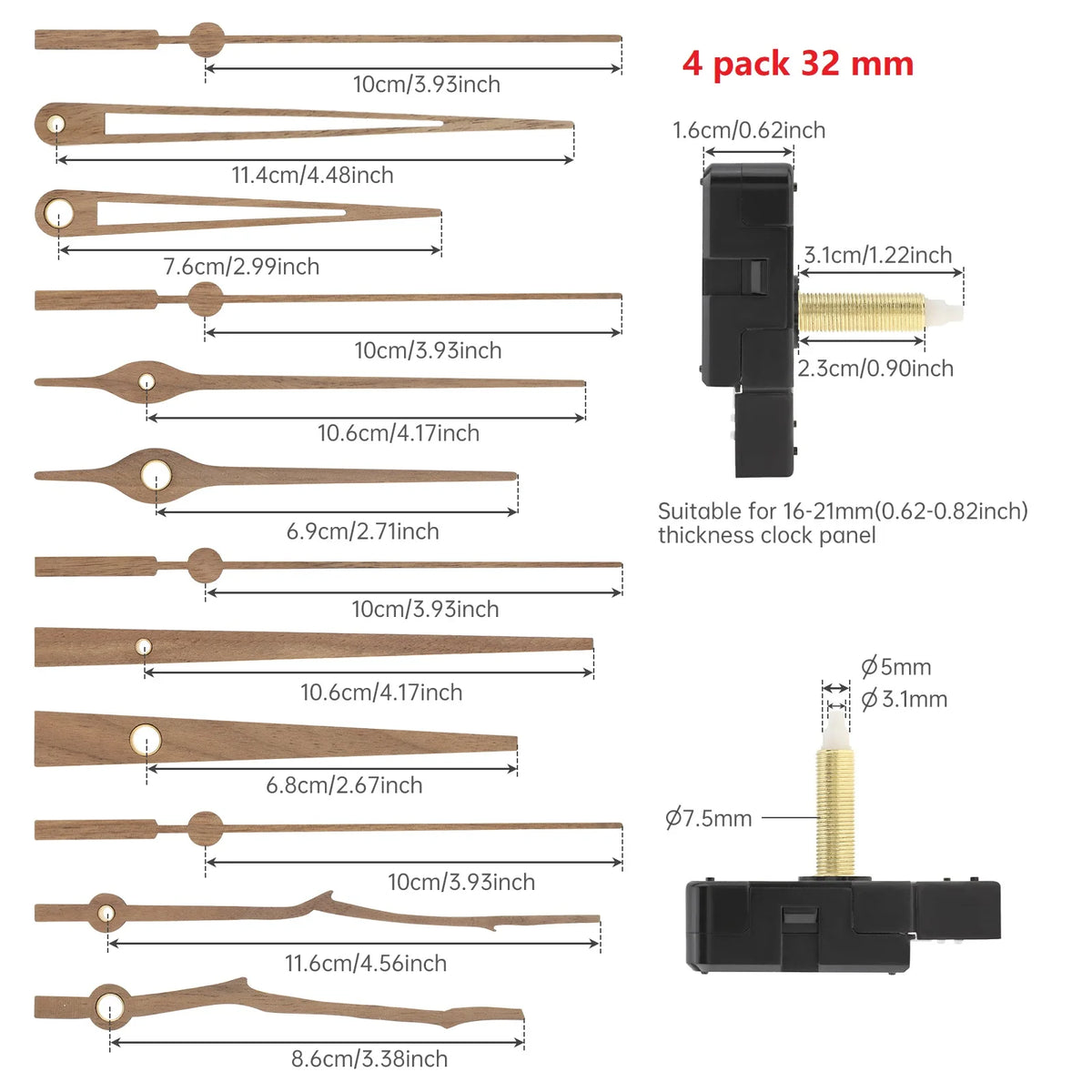4 Pack 20/32 mm Long Shaft Quartz Silent Clock Mechanism Kit for DIY Kit / Clock Repair Replacement Part with 4 Sets Clock Hands