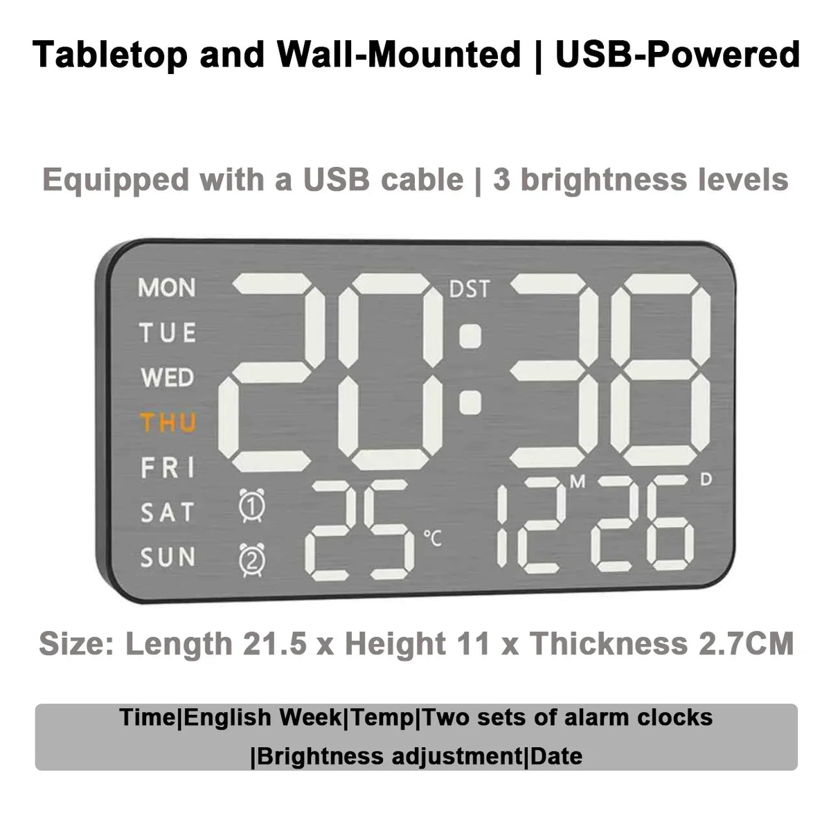 Mirror Brushed Finish Wall Clock Premium Feel Silent Wall Clock Table Alarm Clock Temp Display Bedroom Office Living Room Decor