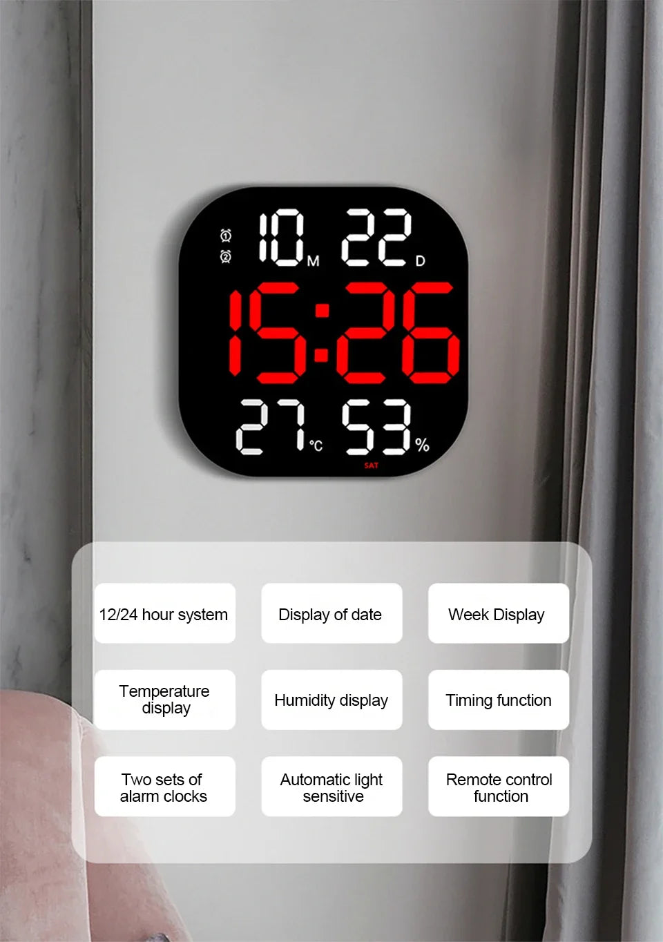 13inch LED Large Digital Wall Clock with Remote Control TEMP Humidity Week Auto Dimmer 12/24H Alarm Clock for Home Office Decor