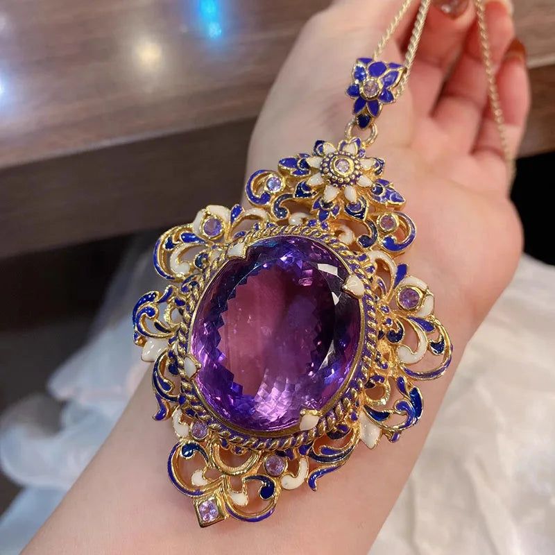 Foydjew Italian Vintage Jewelry Enamel Color Amethyst Rings Pendant Necklaces Medieval Style Banquet Jewelry Sets For Women