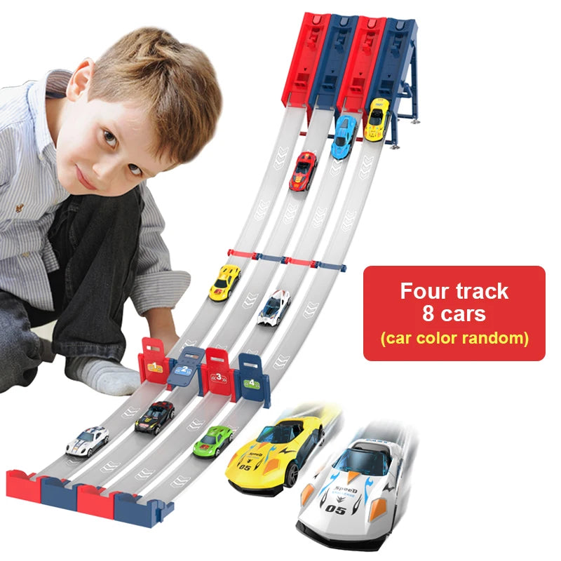 110CM Kid Track Car Racing Set with Mini Cars Toy DIY Assembled Track Kits Catapult Rail Car Strategy Interactive Game Boy Gift